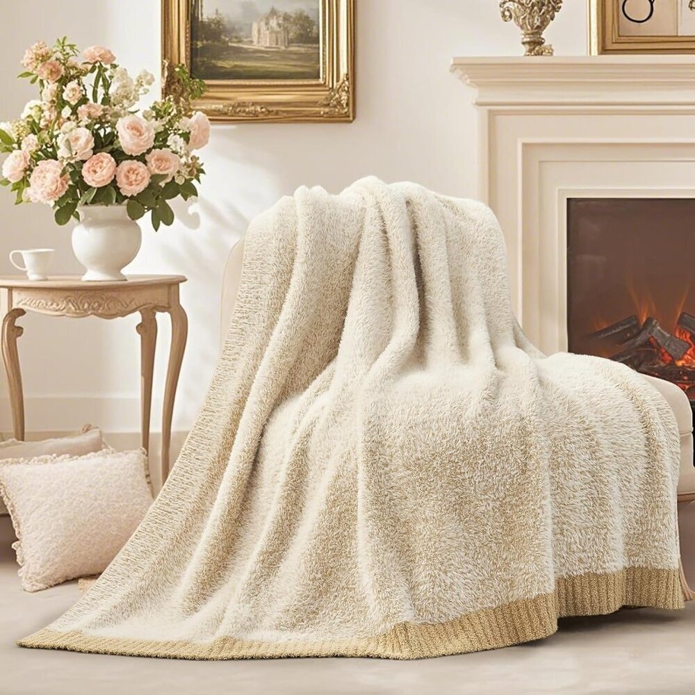 Beige Throw Blanket for Couch, Reversible Super Soft Warm Blankets Cozy Knit Bla